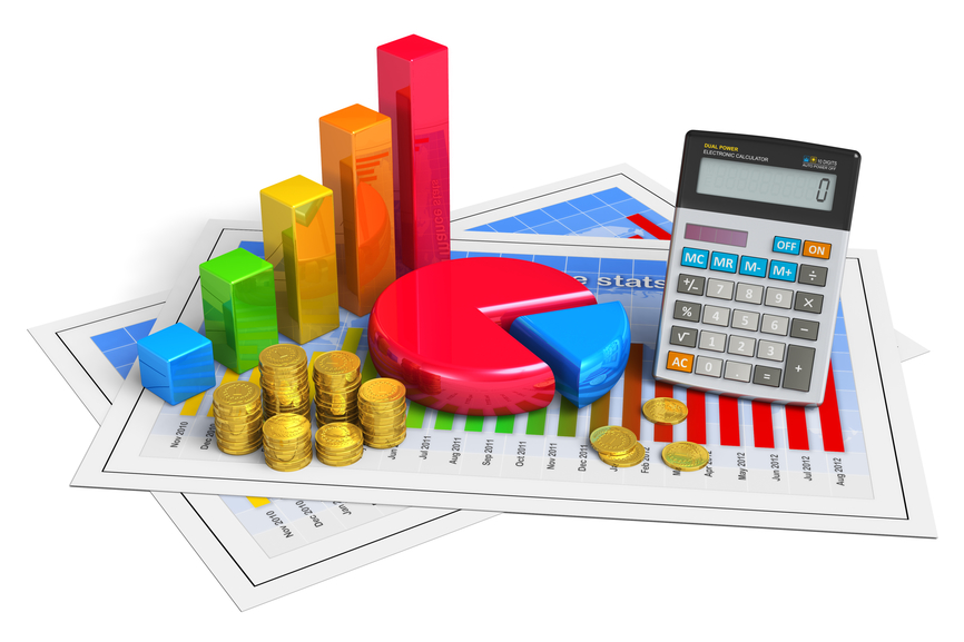 Financial business, analytics, banking and accounting concept: pie chart, bar graph, golden coins and office calculator on successful economical reports isolated on white background